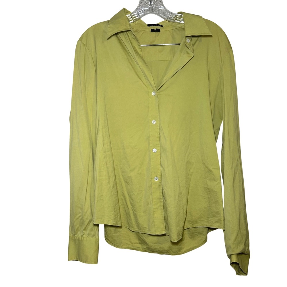 Theory Green Yellow Button Down Collared Long Sleeve Shirt Womens Medium career